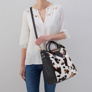 HOBO SHEILA LARGE SATCHEL *NWT - BLACK & BROWN COW PRINT